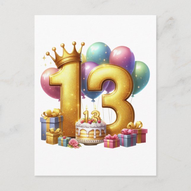 Golden 13th Birthday Invitation Postcard (Front)