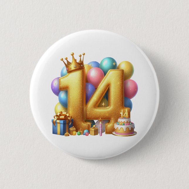 Golden 14th Birthday 6 Cm Round Badge (Front)