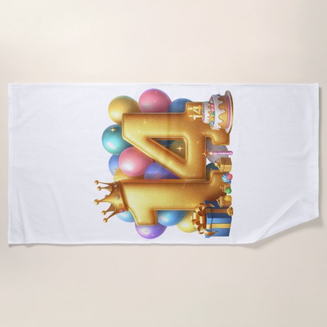 Golden 14th Birthday Beach Towel (Front)