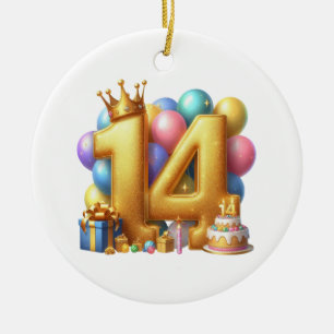 Golden 14th Birthday Ceramic Tree Decoration