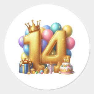 Golden 14th Birthday Classic Round Sticker