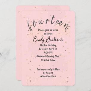 Golden 14th Birthday Golden Confetti On Blush Pink Invitation