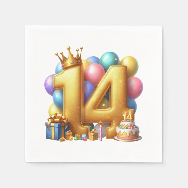 Golden 14th Birthday Napkin (Front)