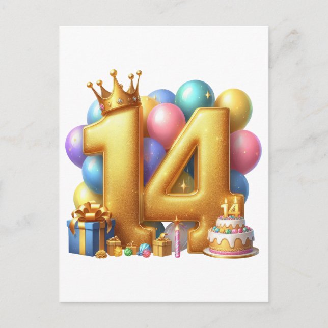 Golden 14th Birthday Postcard (Front)