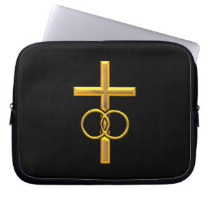 Golden 3-D Cross with Wedding Rings Laptop Sleeve