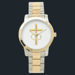 Golden 3-D Cross with Wedding Rings Watch<br><div class="desc">Golden 3-D Cross with Wedding Rings. 

Feel free to add your own words,  pictures,  and/or background colours via Zazzle's great customisation tools.</div>