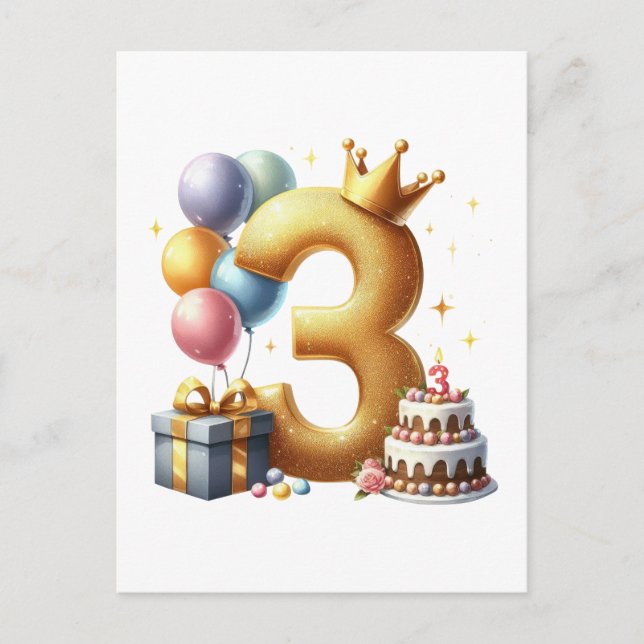 Golden 3rd Birthday Announcement Postcard (Front)