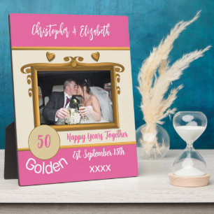 Golden 50 years anniversary add names photo pink plaque