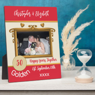 Golden 50 years anniversary add names photo red plaque