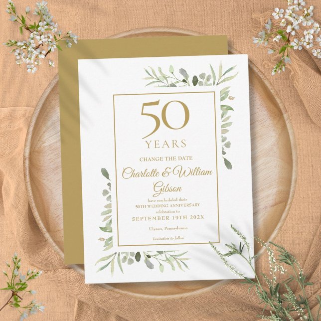 Golden 50th Anniversary Change the Date Greenery  Announcement Postcard (Golden 50th Anniversary Change the Date Greenery Announcement Postcard)