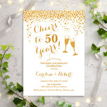 Golden 50th Anniversary - Cheers to 50 Years Invitation<br><div class="desc">Golden 50th wedding anniversary invitation. Cheers to 50 Years! Elegant design in white and gold. Features champagne glasses, script font and confetti. Perfect for a stylish celebration of 50 years of marriage. Printed Zazzle invitations or instant download digital template. Can be customized to show any year! Personalize with your own...</div>