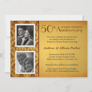 Golden 50th Anniversary Damask 2 Photos Invitation