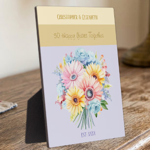 Golden 50th anniversary flowers names purple plaque