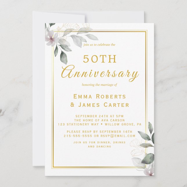 Golden 50th Anniversary Greenery  Invitation (Front)