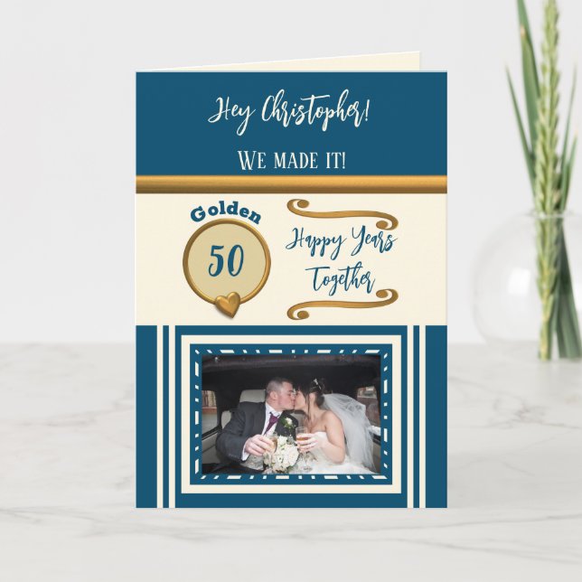 Golden 50th anniversary happy years blue cream card (Front)