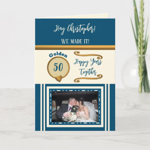 Golden 50th anniversary happy years blue cream card