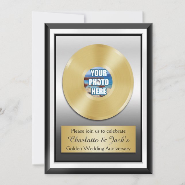 Golden 50th Anniversary Personalised Gold Record Invitation (Front)