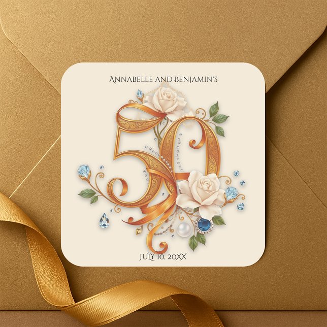 Golden 50th Anniversary Rose and Gemstones Square Sticker (Creator Uploaded)