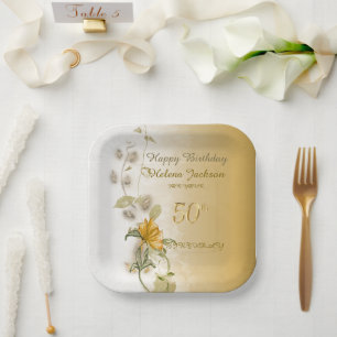 Golden 50th birthday paper plates 