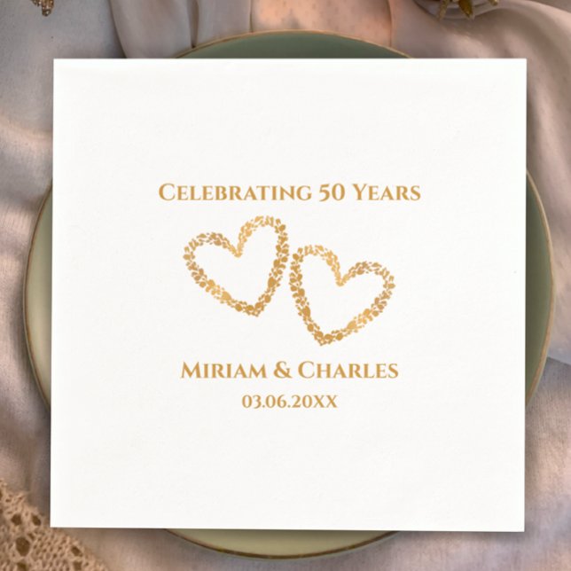 Golden 50th Wedding Anniversary Heart Personalised Napkin (Personalize these golden heart simple modern 50th wedding anniversary napkins. Stylish golden custom)