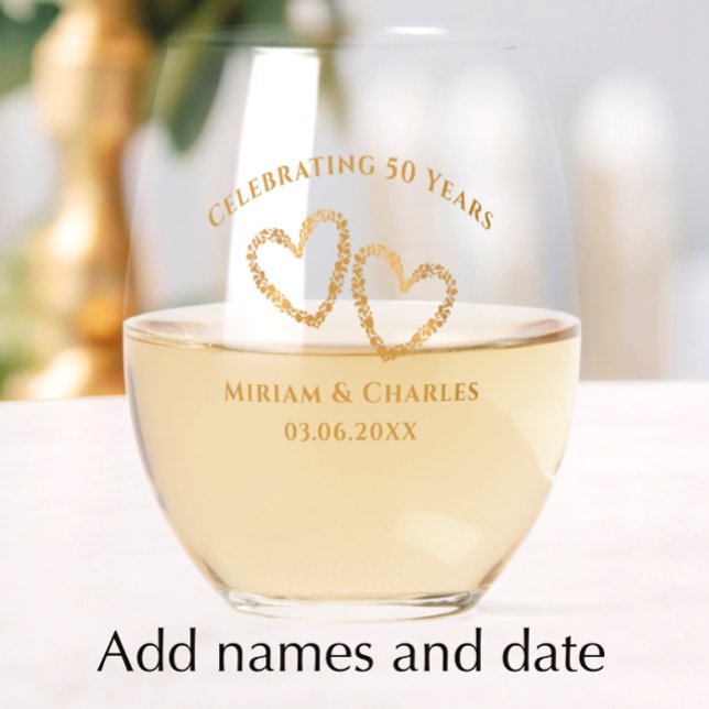 Golden 50th Wedding Anniversary Heart Personalised Stemless Wine Glass (Add couple’s names and anniversary date for a unique custom keepsake glass 50th anniversary gift.)