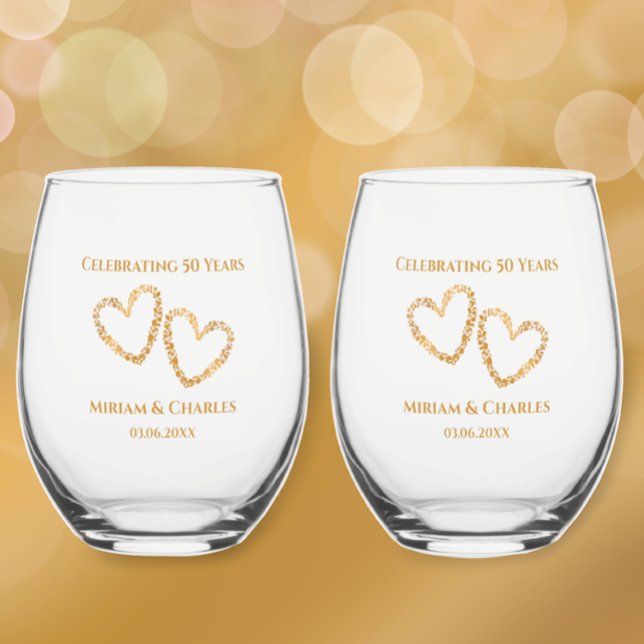 Golden 50th Wedding Anniversary Heart Personalised Stemless Wine Glass (Add couple’s names and golden anniversary date for elegant heart personalized keepsake party glass
)