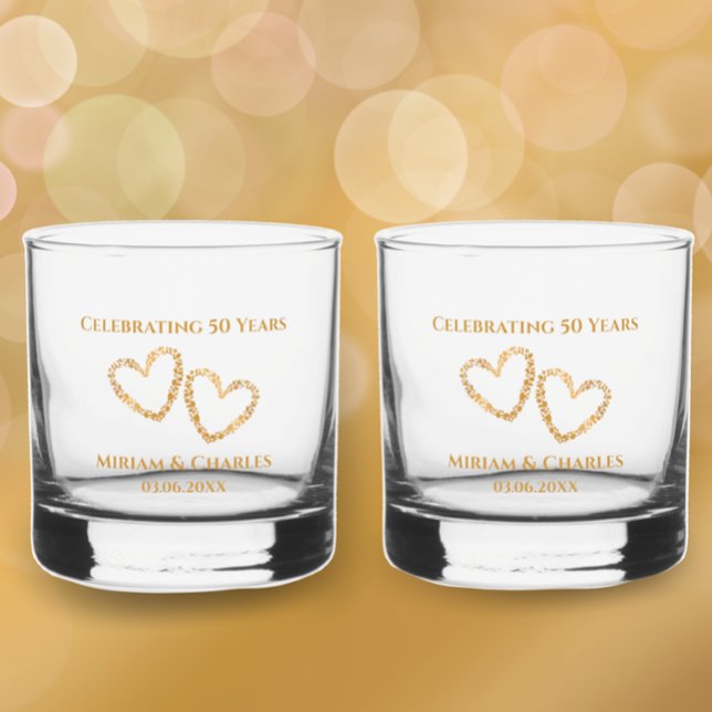 Golden 50th Wedding Anniversary Heart Personalised Whiskey Glass (Add couple’s names and 50th anniversary date for golden heart keepsake gift glasses.
)