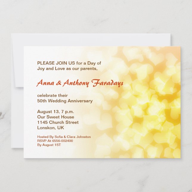 golden 50th wedding anniversary hearts invitation (Front)