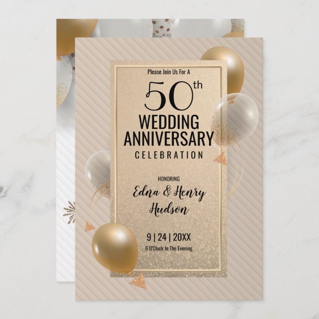Golden 50th Wedding Anniversary Invitation (Front/Back)