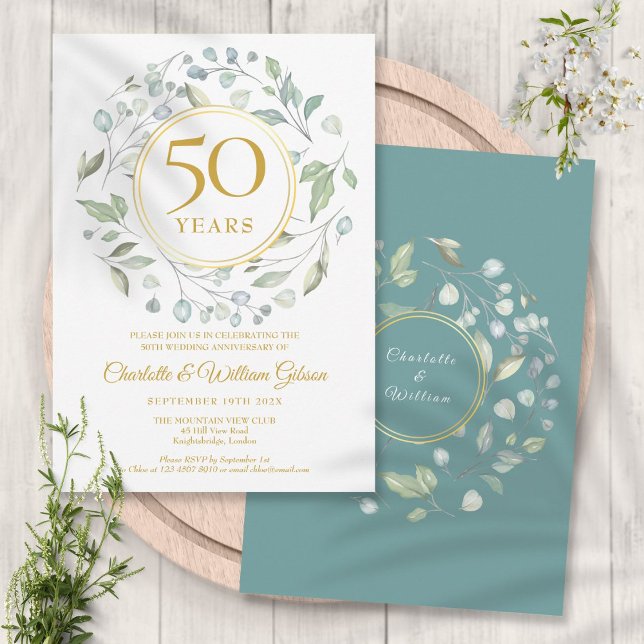 Golden 50th Wedding Anniversary Laurel Greenery  Invitation (Creator Uploaded)