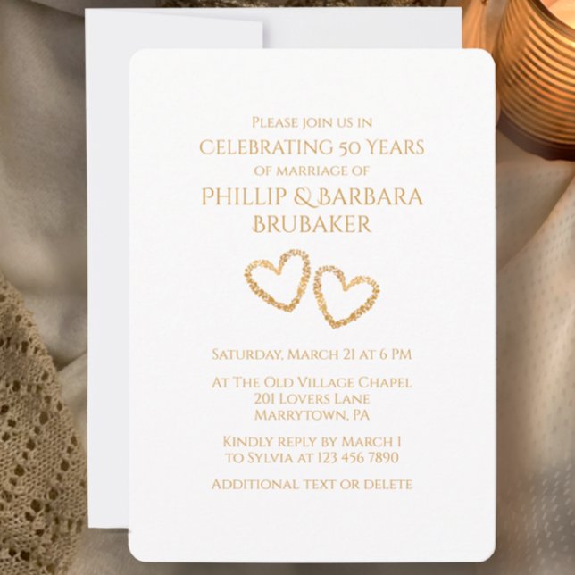 Golden 50th Wedding Anniversary Party Heart Custom Invitation (Customize this Golden 50th wedding anniversary party invitation, unique hearts, simple stylish )