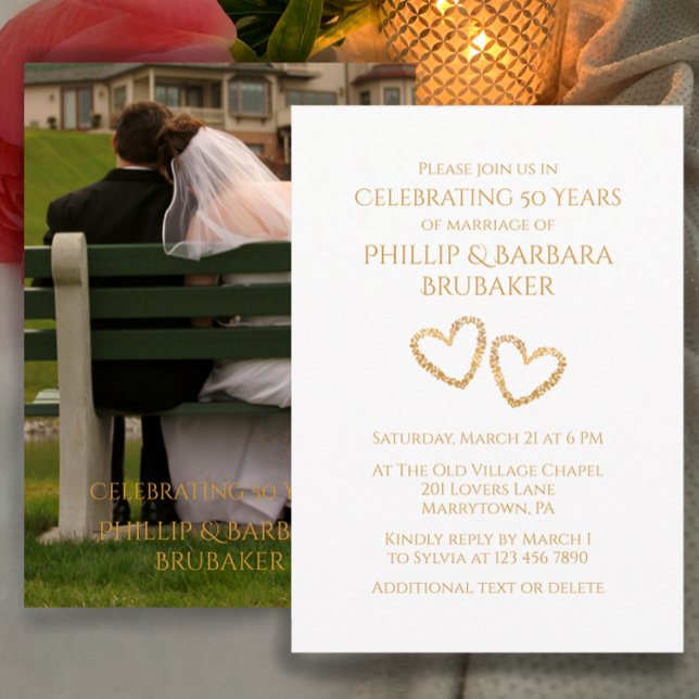 Golden 50th Wedding Anniversary Party Heart Photo Invitation (Add a photo and names to personalize this simple golden heart 50th anniversary party invitation
)