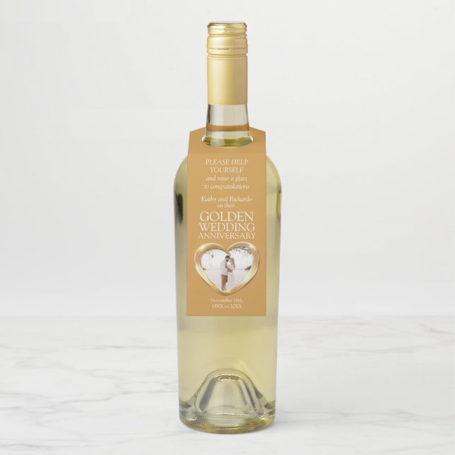 Golden 50th wedding Anniversary photo heart Bottle Tag (On Bottle)