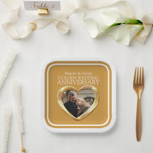 Golden 50th wedding anniversary photo heart square paper plate (Wedding)