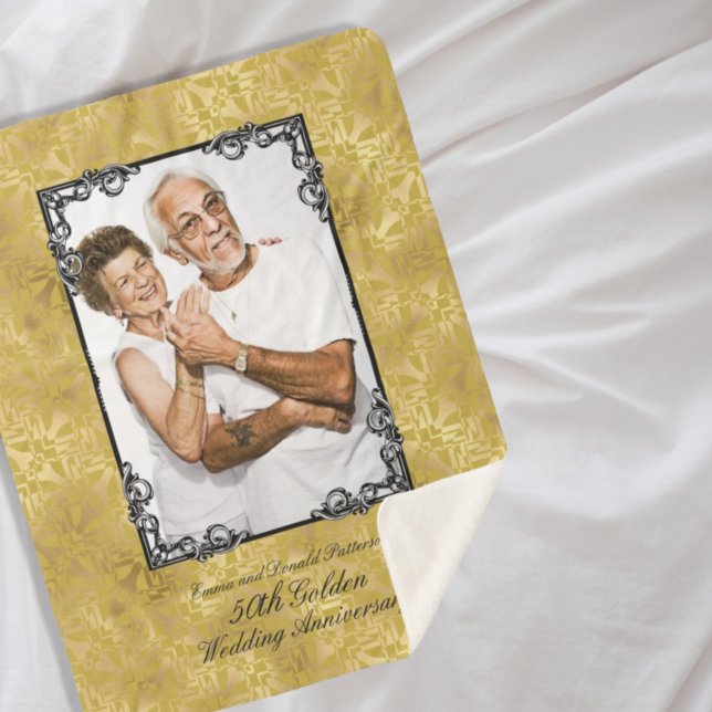 Golden 50th Wedding Anniversary Photo Monogram She Sherpa Blanket (Creator Uploaded)