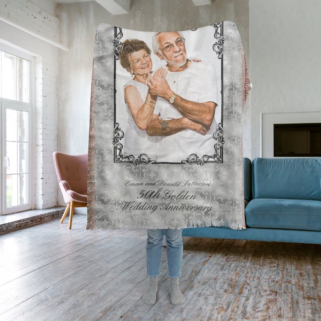 Golden 50th Wedding Anniversary Photo Monogram Throw Blanket (Creator Uploaded)