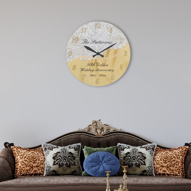 Golden 50th Wedding Anniversary Satin Lace  Large Clock (Creator Uploaded)
