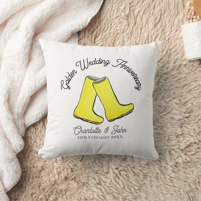 Golden 50th Wedding Anniversary yellow welly boot Cushion (Blanket)