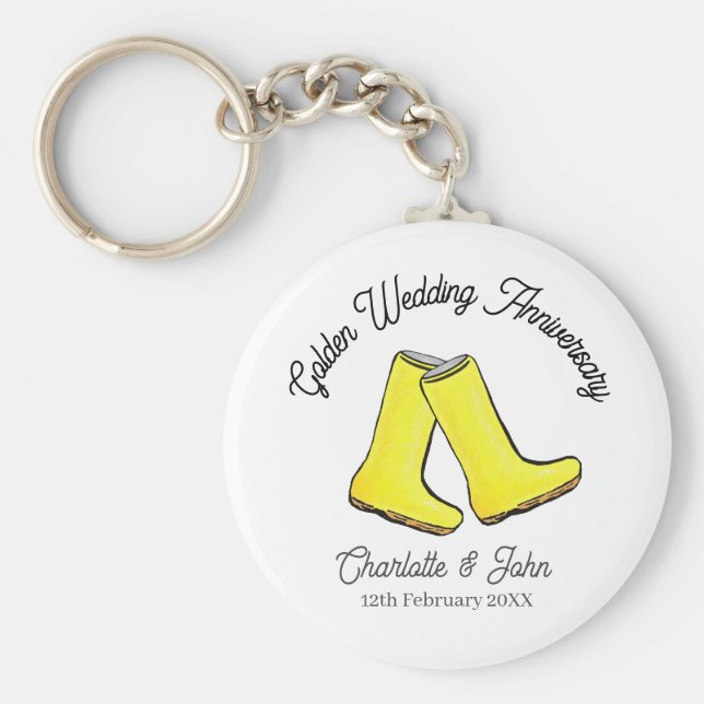 Golden 50th Wedding Anniversary yellow welly boot  Key Ring (Front)