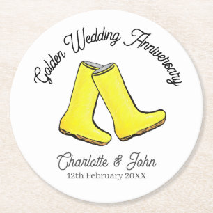 Golden 50th Wedding Anniversary yellow welly boot Round Paper Coaster