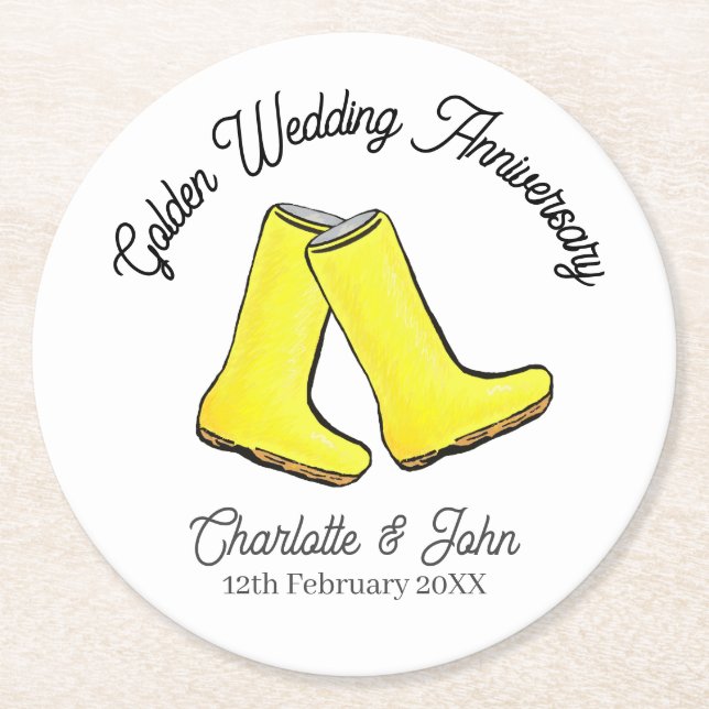 Golden 50th Wedding Anniversary yellow welly boot Round Paper Coaster (Front)