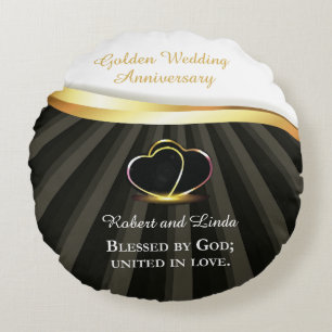 Golden 50th Wedding Religious Anniversary Round Cushion