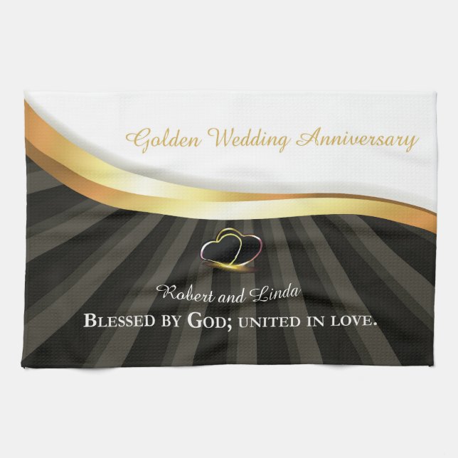 Golden 50th Wedding Religious Anniversary  Tea Towel (Horizontal)