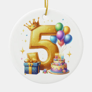 Golden 5th Birthday Ceramic Tree Decoration