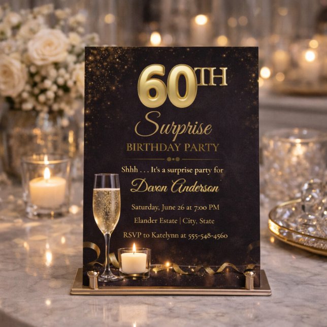 Golden 60 Surprise Birthday Invitation (Golden shimmer and candlelight set the scene for a refined 60th surprise celebration)