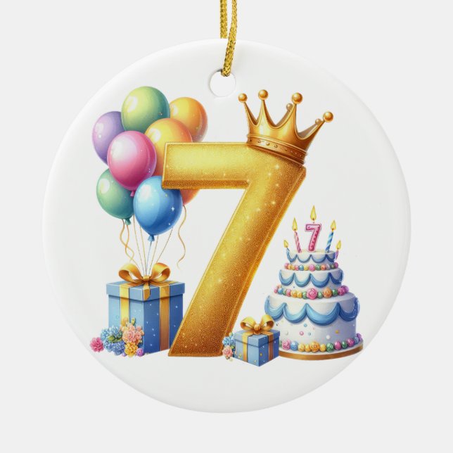 Golden 7th Birthday Ceramic Tree Decoration (Front)