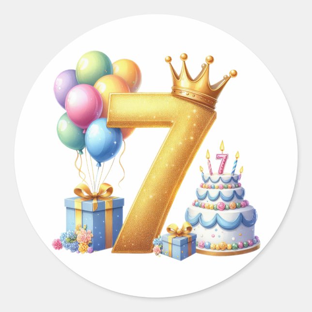 Golden 7th Birthday Classic Round Sticker (Front)