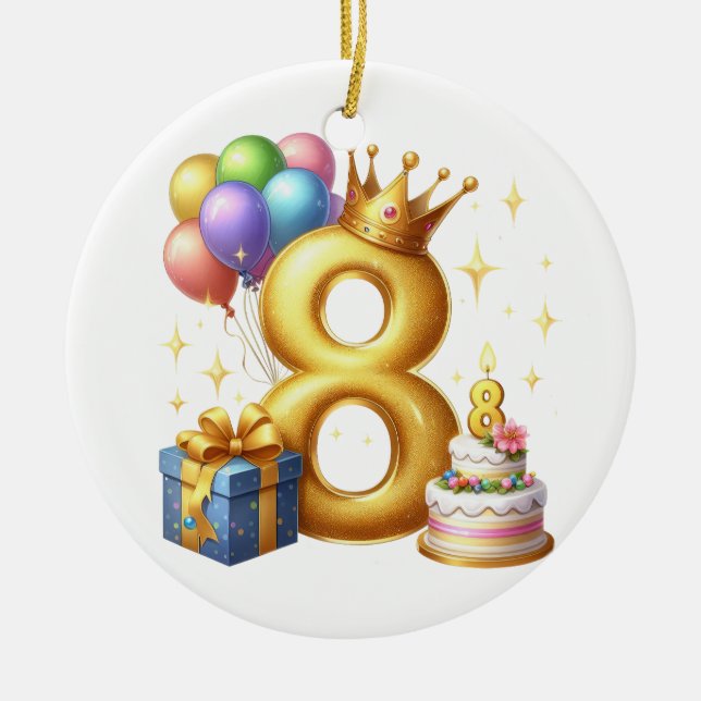 Golden 8th Birthday Ceramic Tree Decoration (Front)