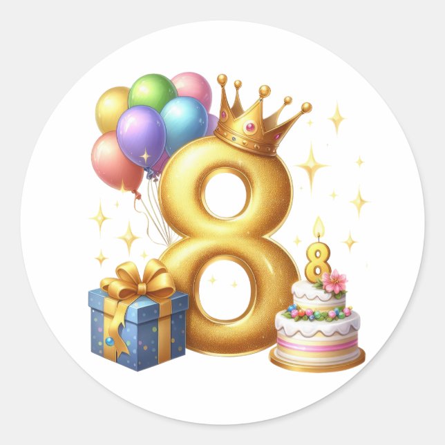 Golden 8th Birthday Classic Round Sticker (Front)