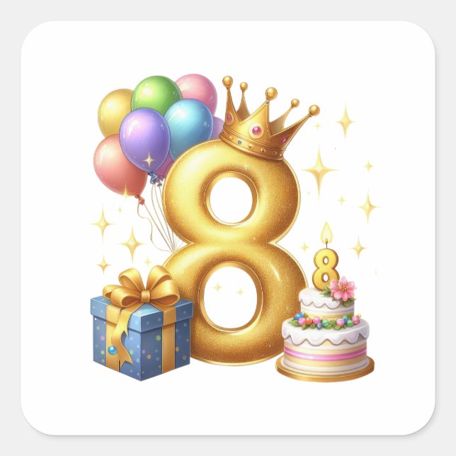 Golden 8th Birthday Square Sticker (Front)